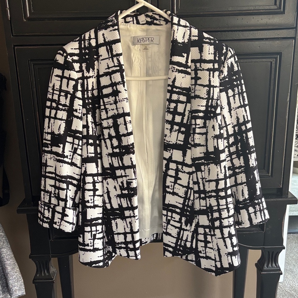 Kasper Black & White Grid-Print Open-Front Blazer